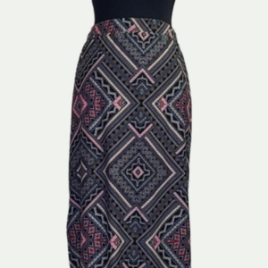 Bobbie Brooks floor length skirt. Geometric black pink, and blue pattern. Size M